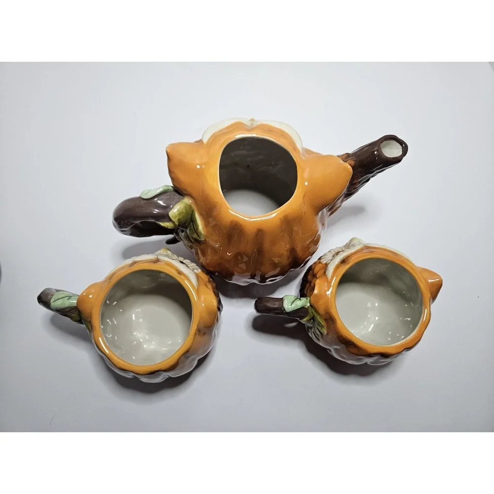 Cracker Barrel Stoneware Witch Pumpkin Owl Tea Pot Mug Cup 3 piece Halloween